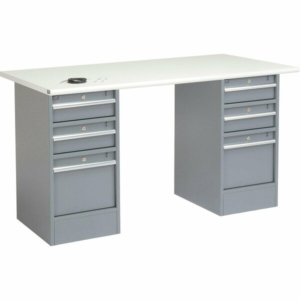 Global Industrial 60inW x 30inD Pedestal Workbench, 6 Drawers, ESD Safety Edge, Gray 607638